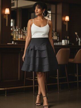 Purificacion Garcia Tiered Ruffle Skirt Womens 42 Black Excellent‎ Cotton Spain